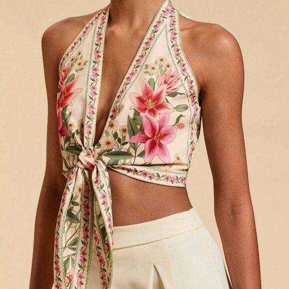 Multicolor Boho Women's Halter Neck Floral Print Blouse - Picture 7 of 7